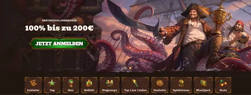 Piraten feiern mit Pokal und Schatztruhe – Bonusangebot 100 % bis zu 200 €