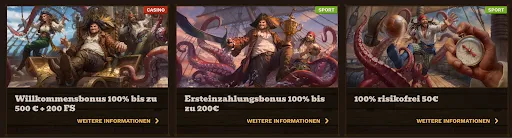 Piraten-Themenbonusangebote – Willkommensbonus bis zu 500 €, Ersteinzahlungsbonus bis zu 200 €, 50 € risikofrei