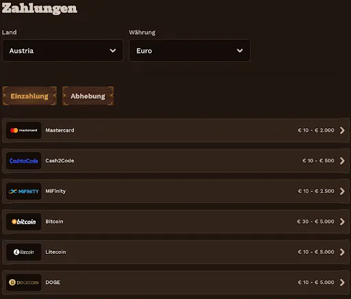 Zahlungsmethoden in Österreich mit Euro – Mastercard, Cash2Code, MiFinity, Bitcoin, Litecoin, DOGE