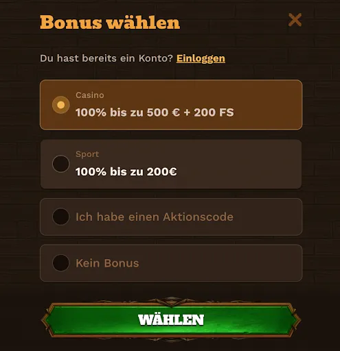Bonusauswahl mit Casino- und Sportboni – 100 % bis zu 500 € + 200 Freispiele
